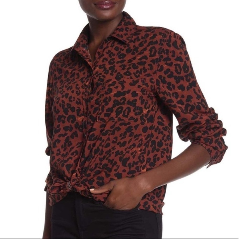 Beachlunchlounge Alanna Boho Leopard Long Sleeve Button Down Blouse Top Medium